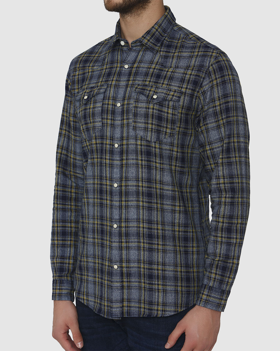 Dark Blue Tartan Checks Slim Fit Full Sleeves Shirt