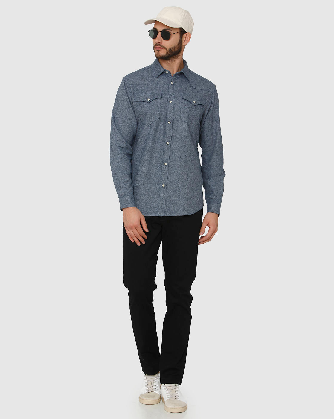 Blue Curved Hem Slim Fit Full Sleeves Shirt