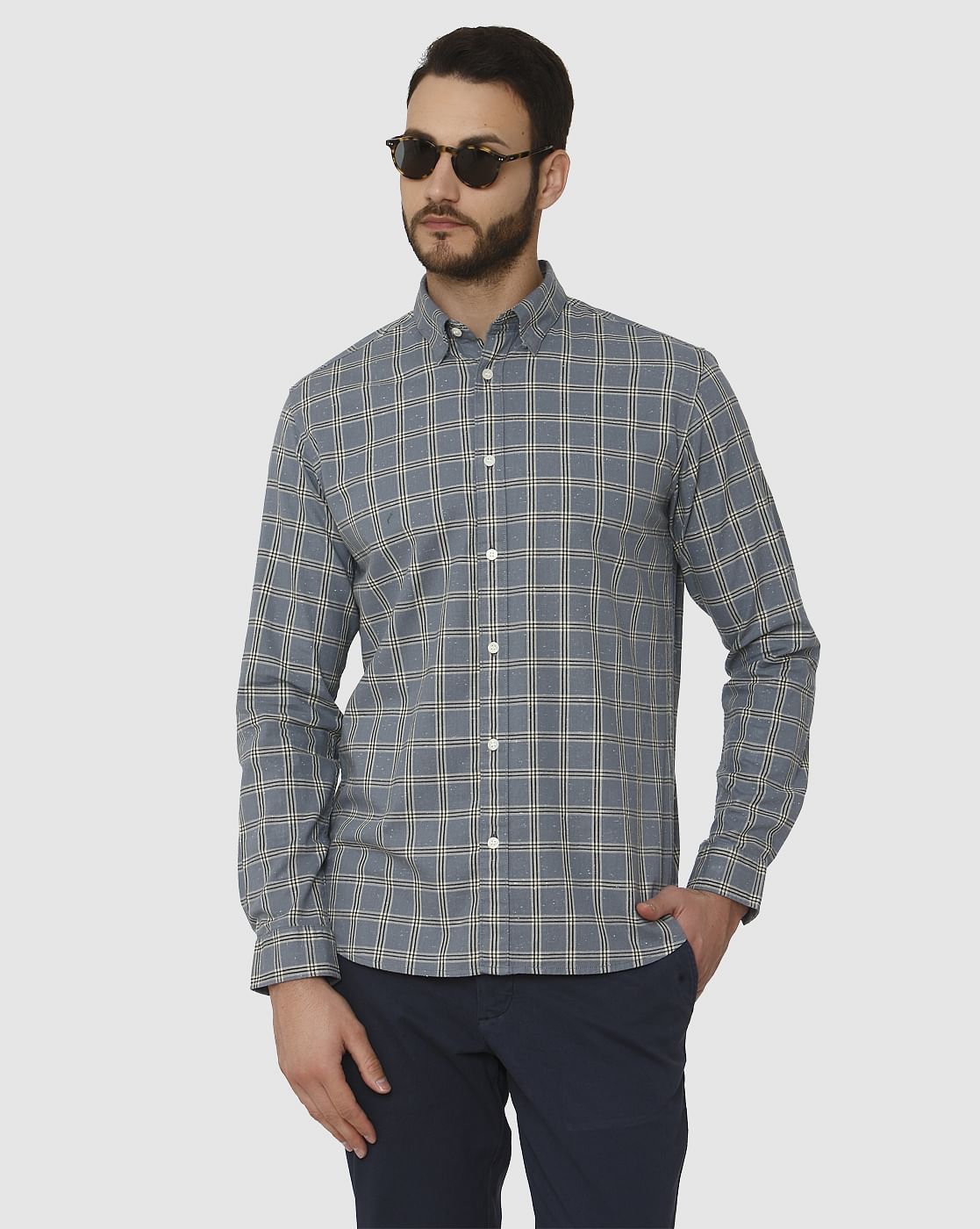 Blue Checks Curved Hem Full Sleeves Shirt