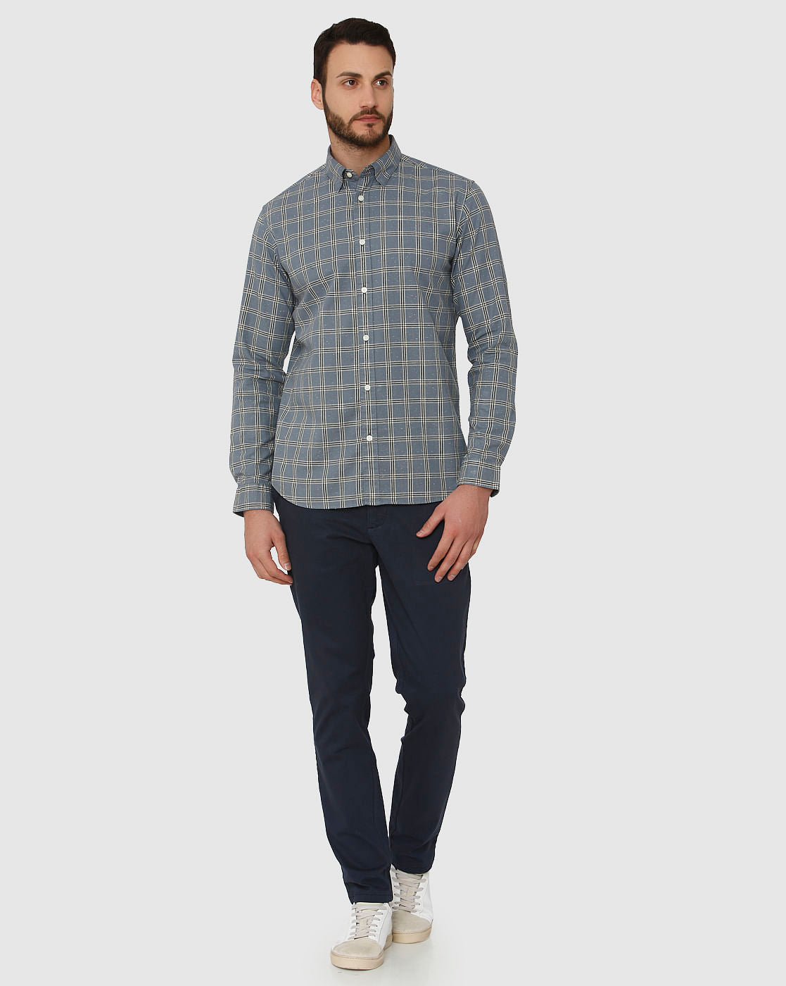 Blue Checks Curved Hem Full Sleeves Shirt