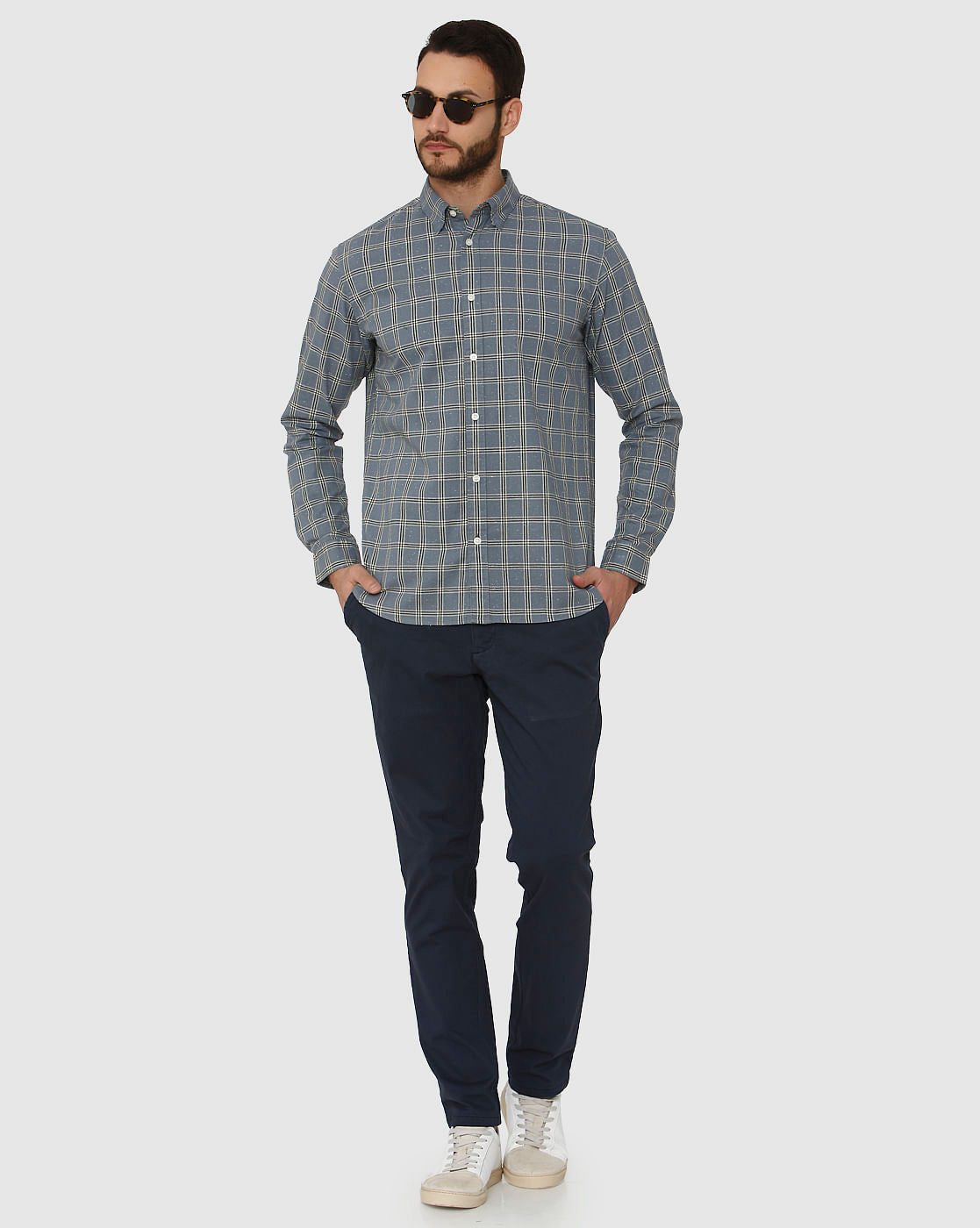 Blue Checks Curved Hem Full Sleeves Shirt