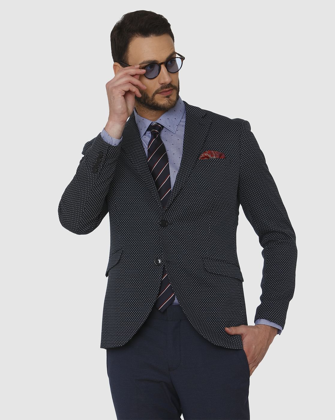 Navy Blue Dotted Double Button Slim Fit Blazer