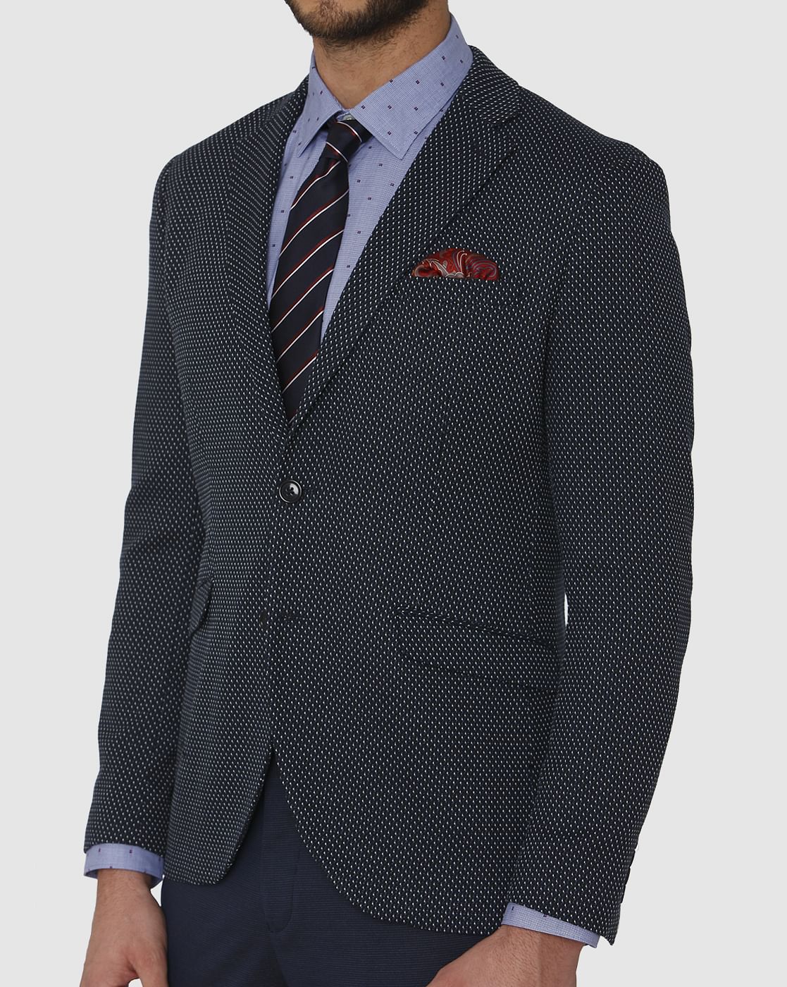 Navy Blue Dotted Double Button Slim Fit Blazer