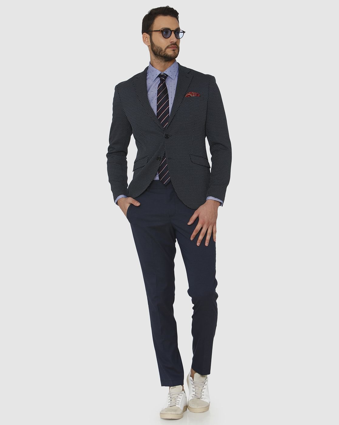Navy Blue Dotted Double Button Slim Fit Blazer