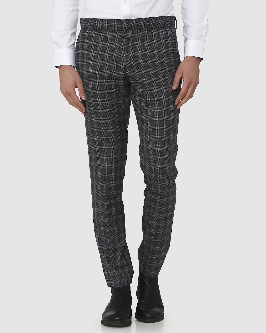 Grey Checks Slim Fit Formal Trousers