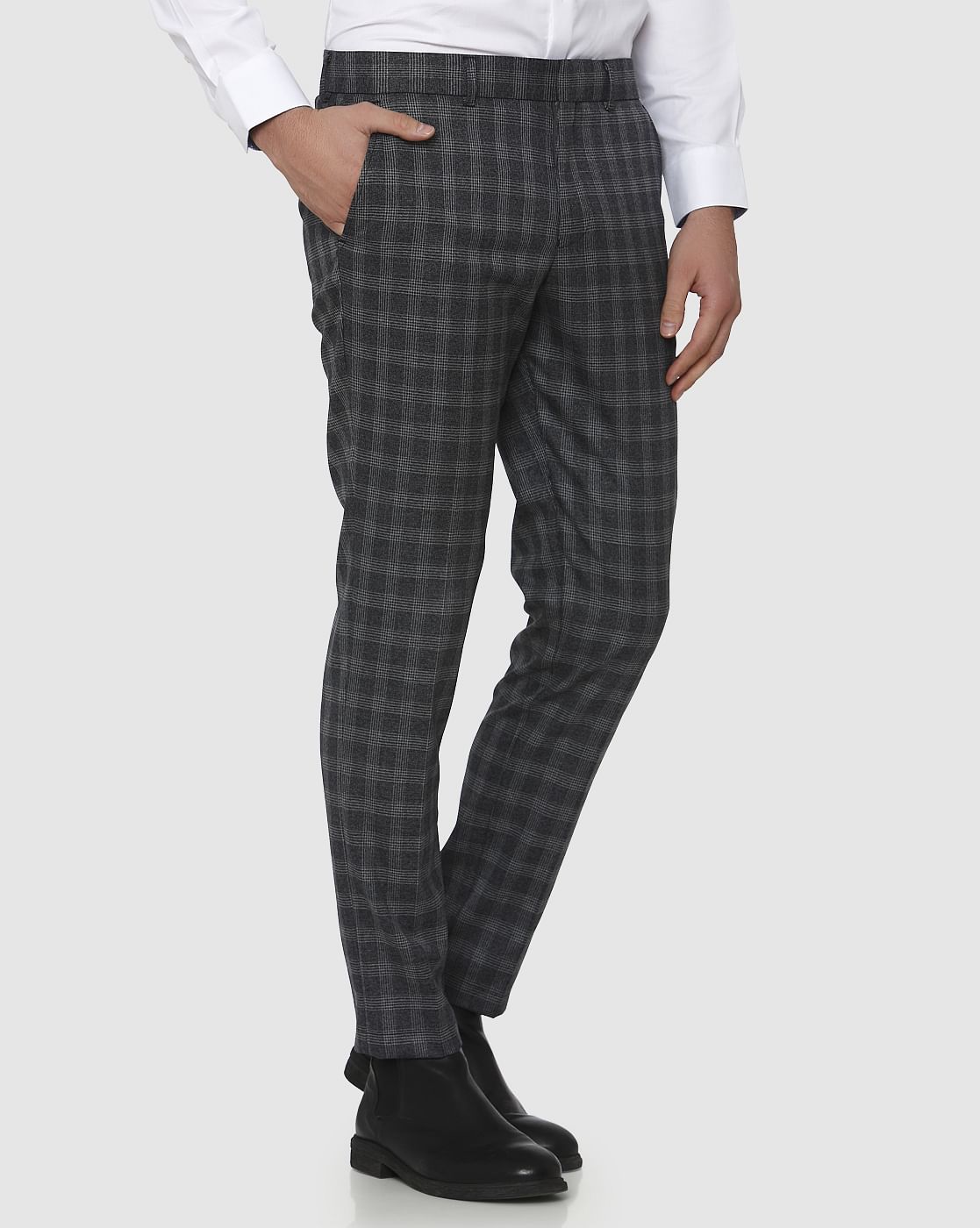 Grey Checks Slim Fit Formal Trousers