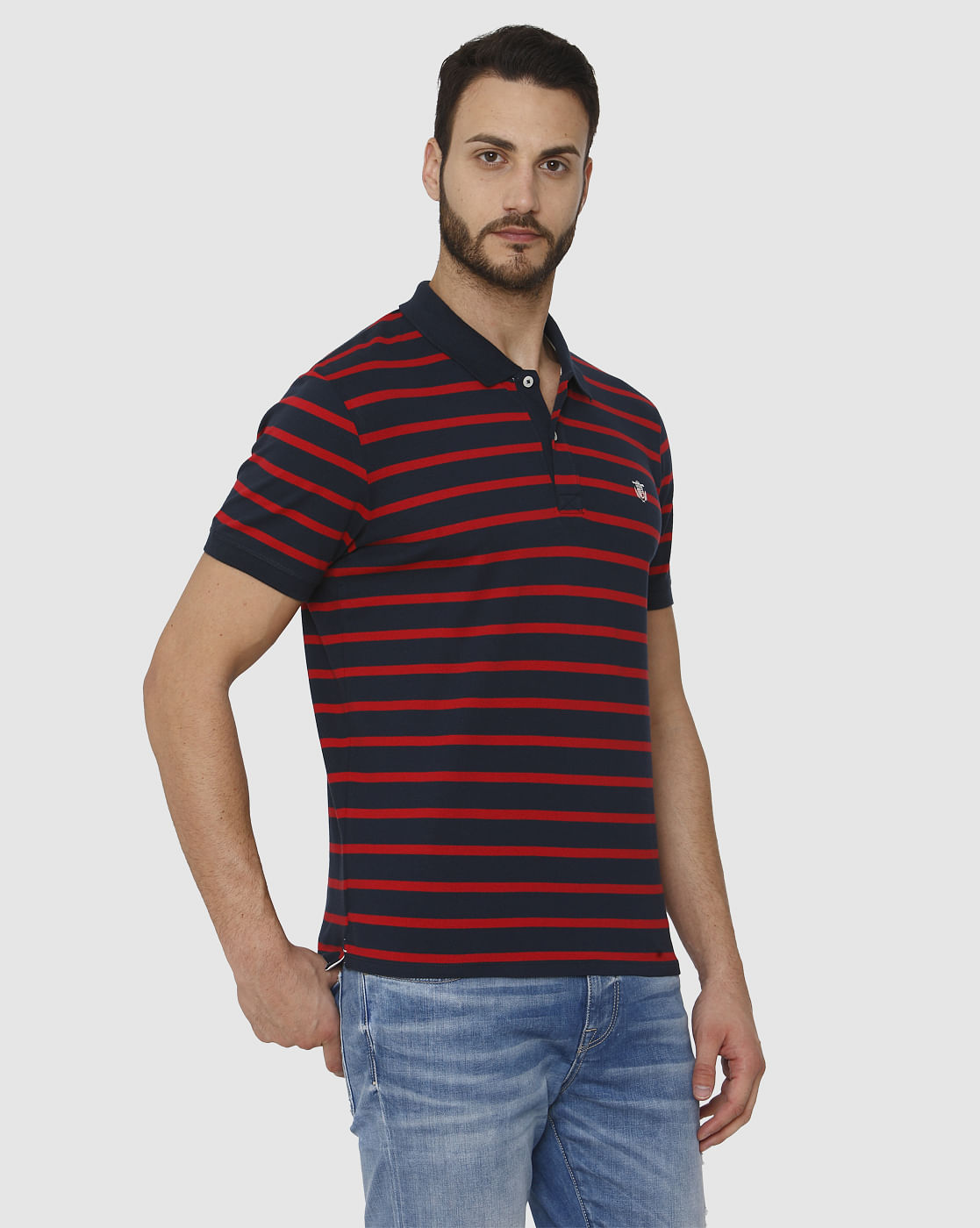 Blue Striped Polo Neck T-Shirt