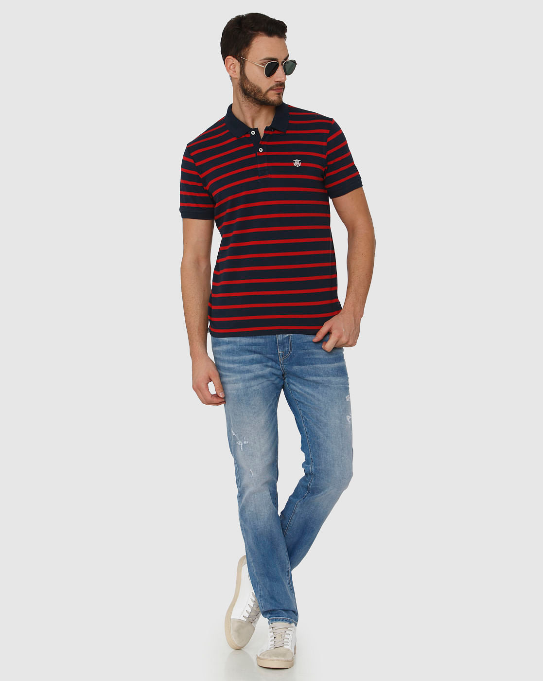 Blue Striped Polo Neck T-Shirt