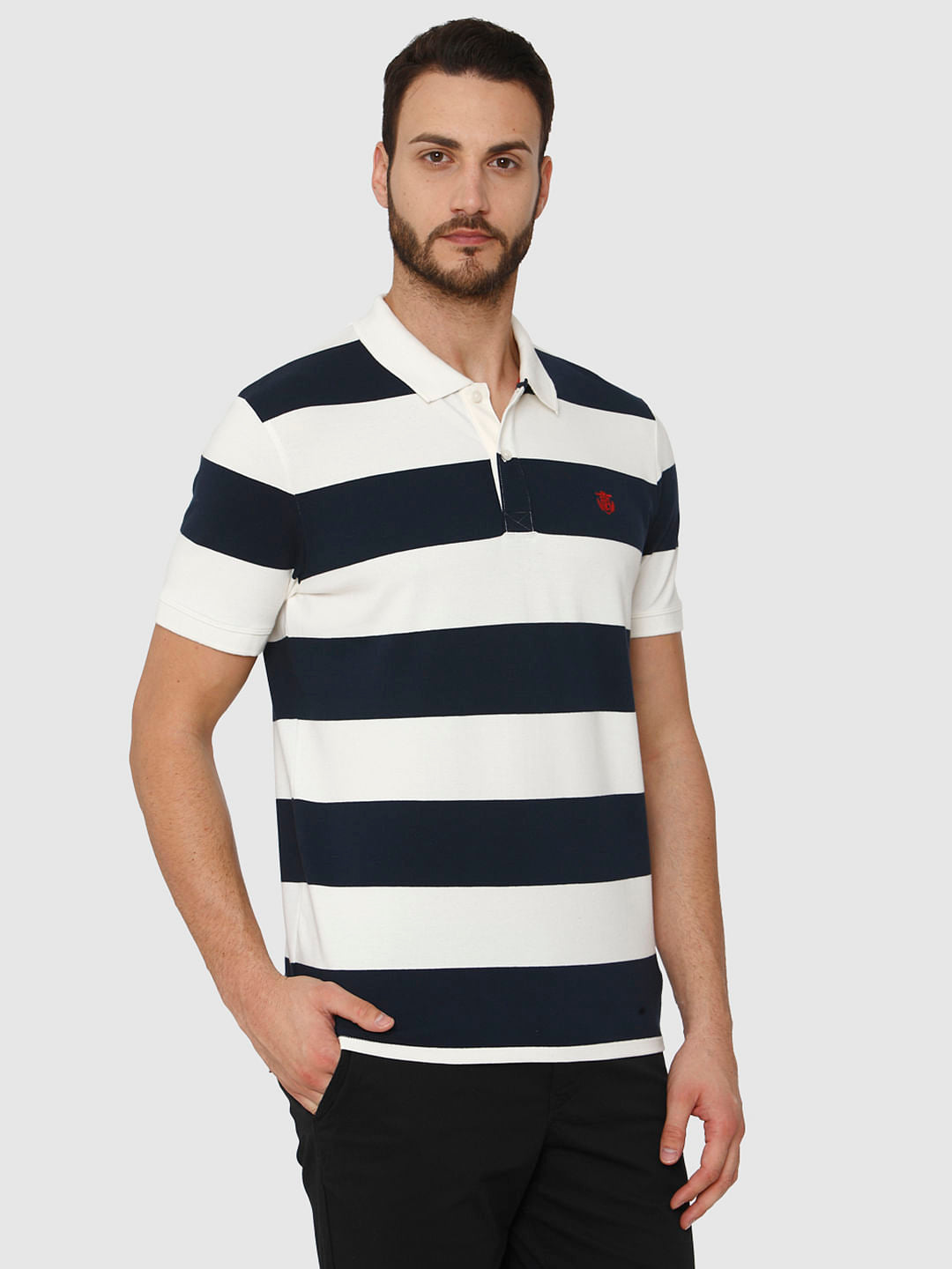 White Striped Polo Neck T-Shirt