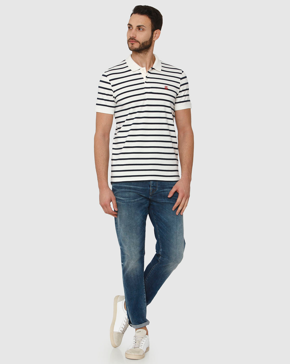 White Striped Polo Neck T-Shirt