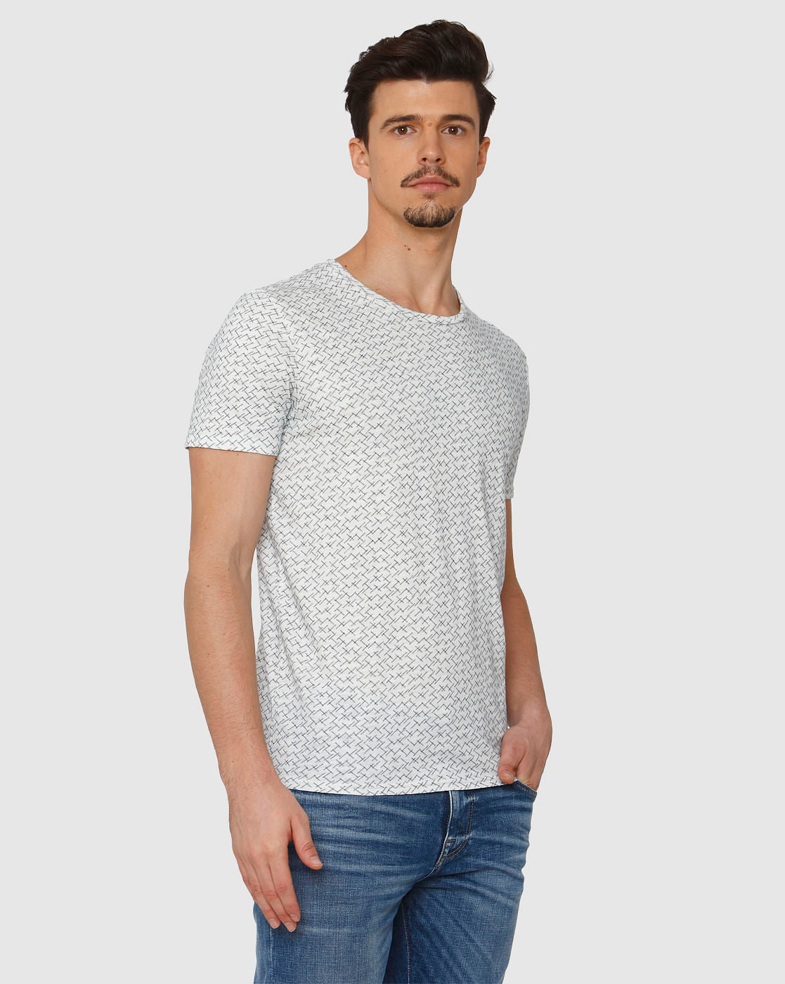 White All Over Print Crew Neck T-Shirt