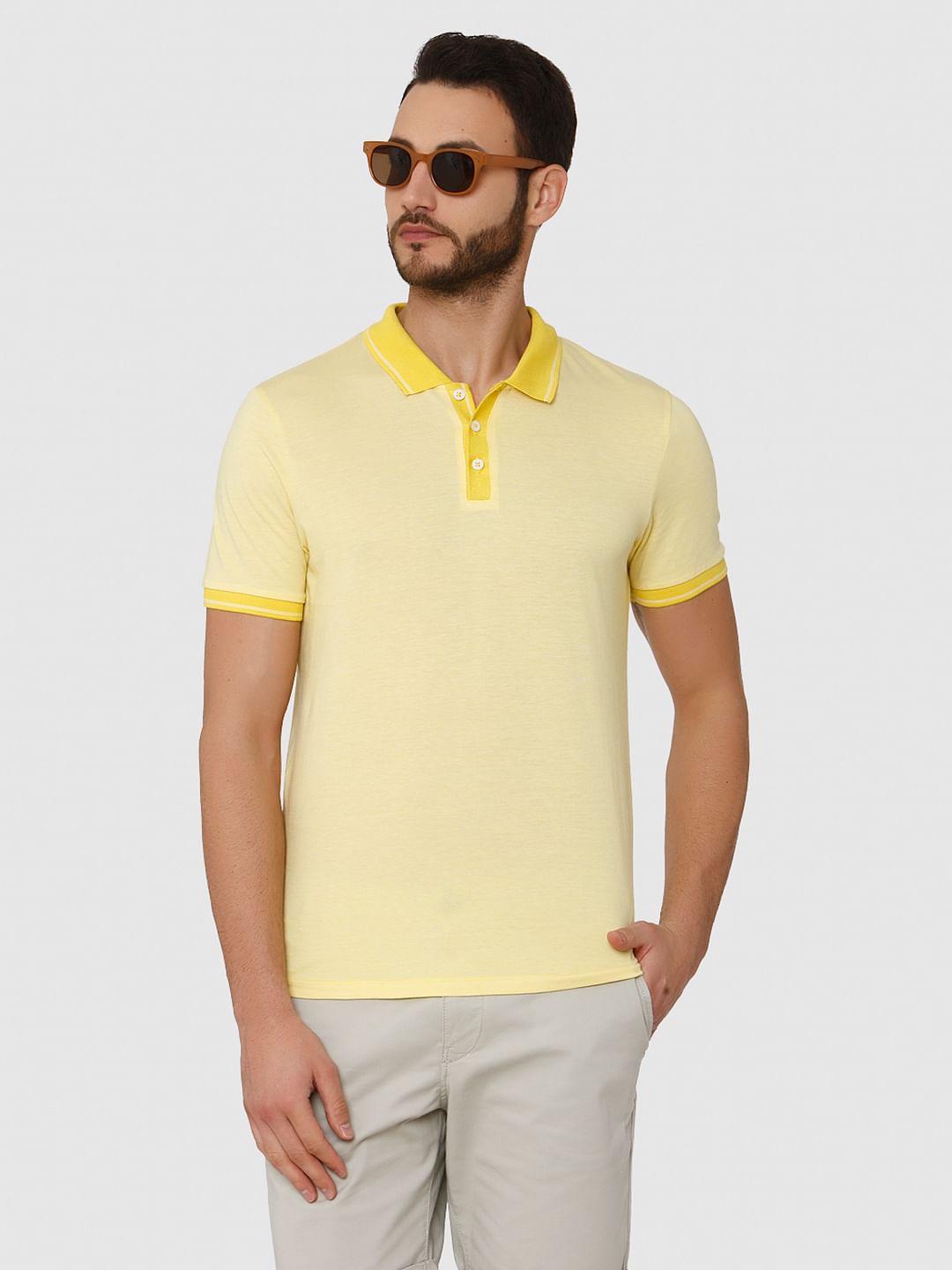 Yellow Contrast Tipping Polo Neck T-Shirt