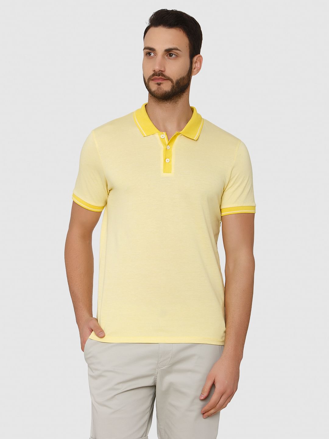 Yellow Contrast Tipping Polo Neck T-Shirt