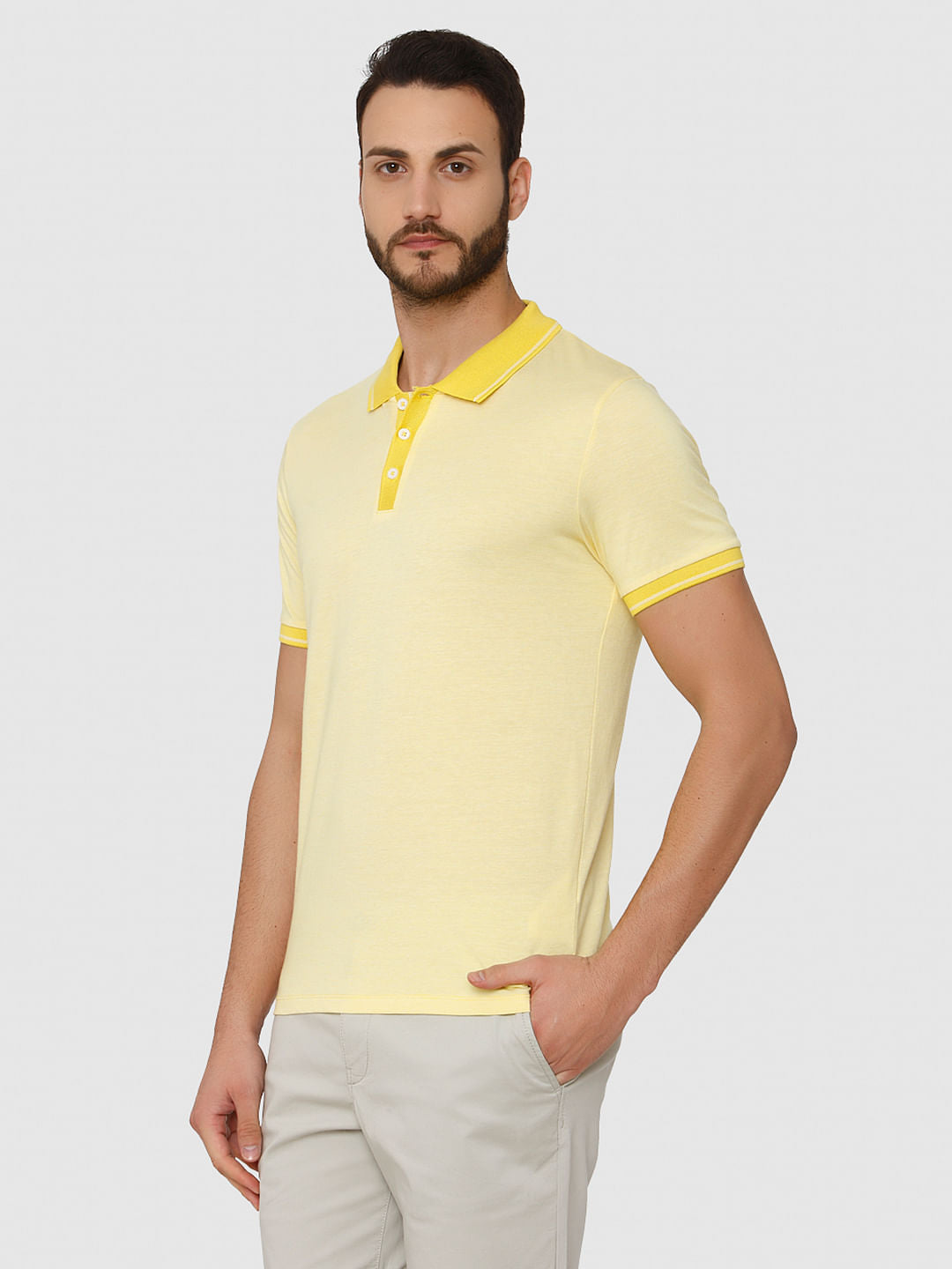 Yellow Contrast Tipping Polo Neck T-Shirt