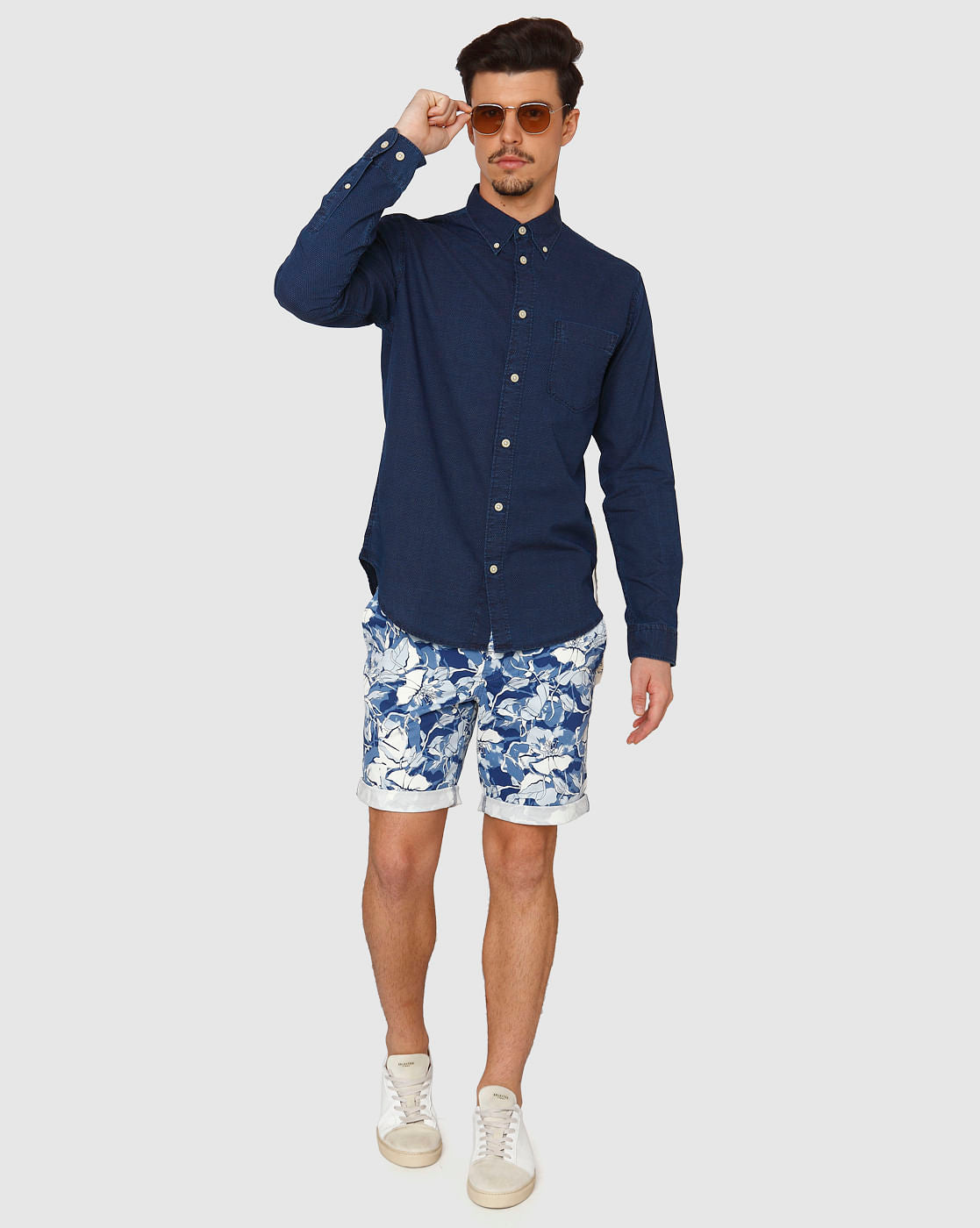 Dark Blue Dotted Side Tape Detail Slim Fit Full Sleeves Shirt