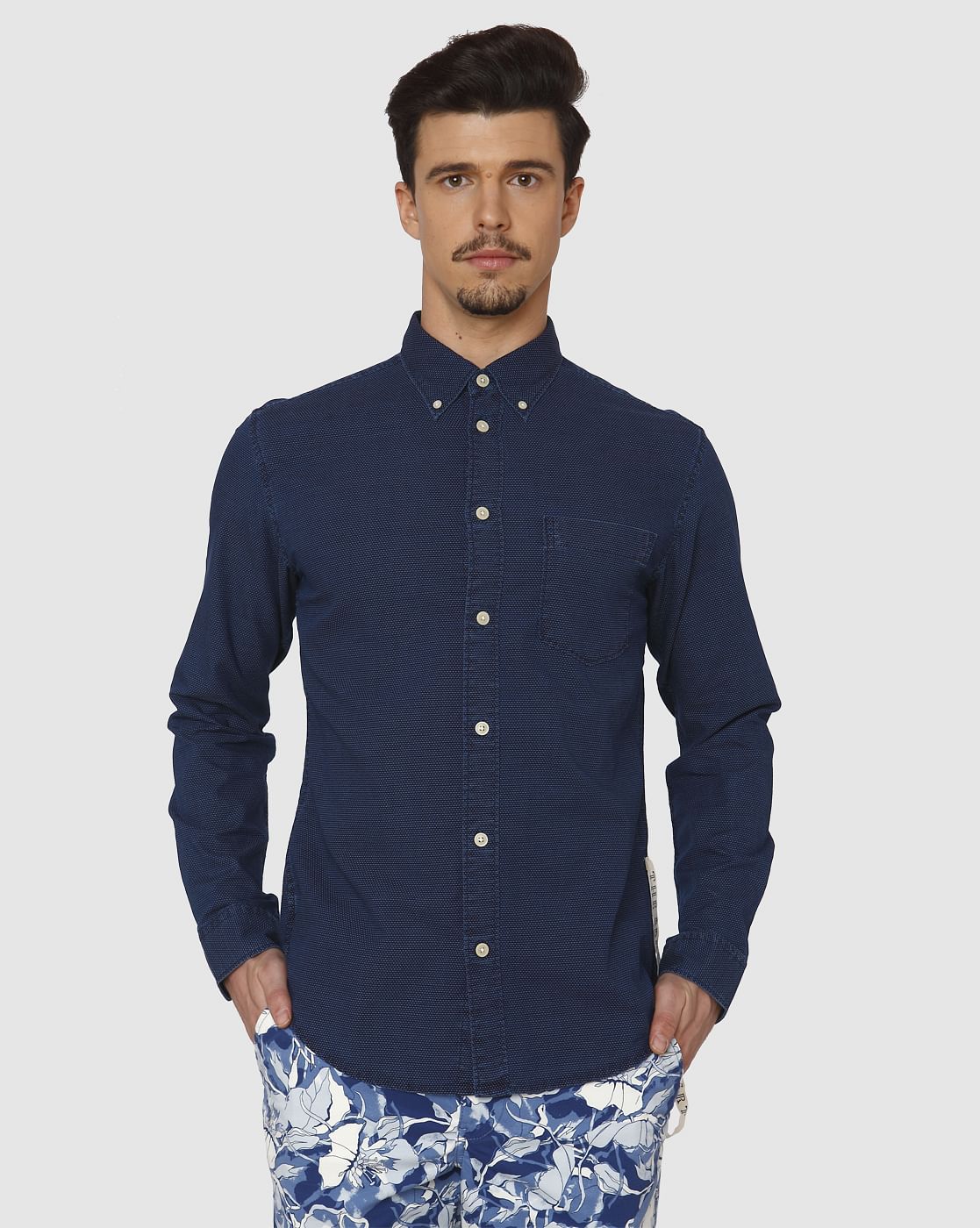 Dark Blue Dotted Side Tape Detail Slim Fit Full Sleeves Shirt