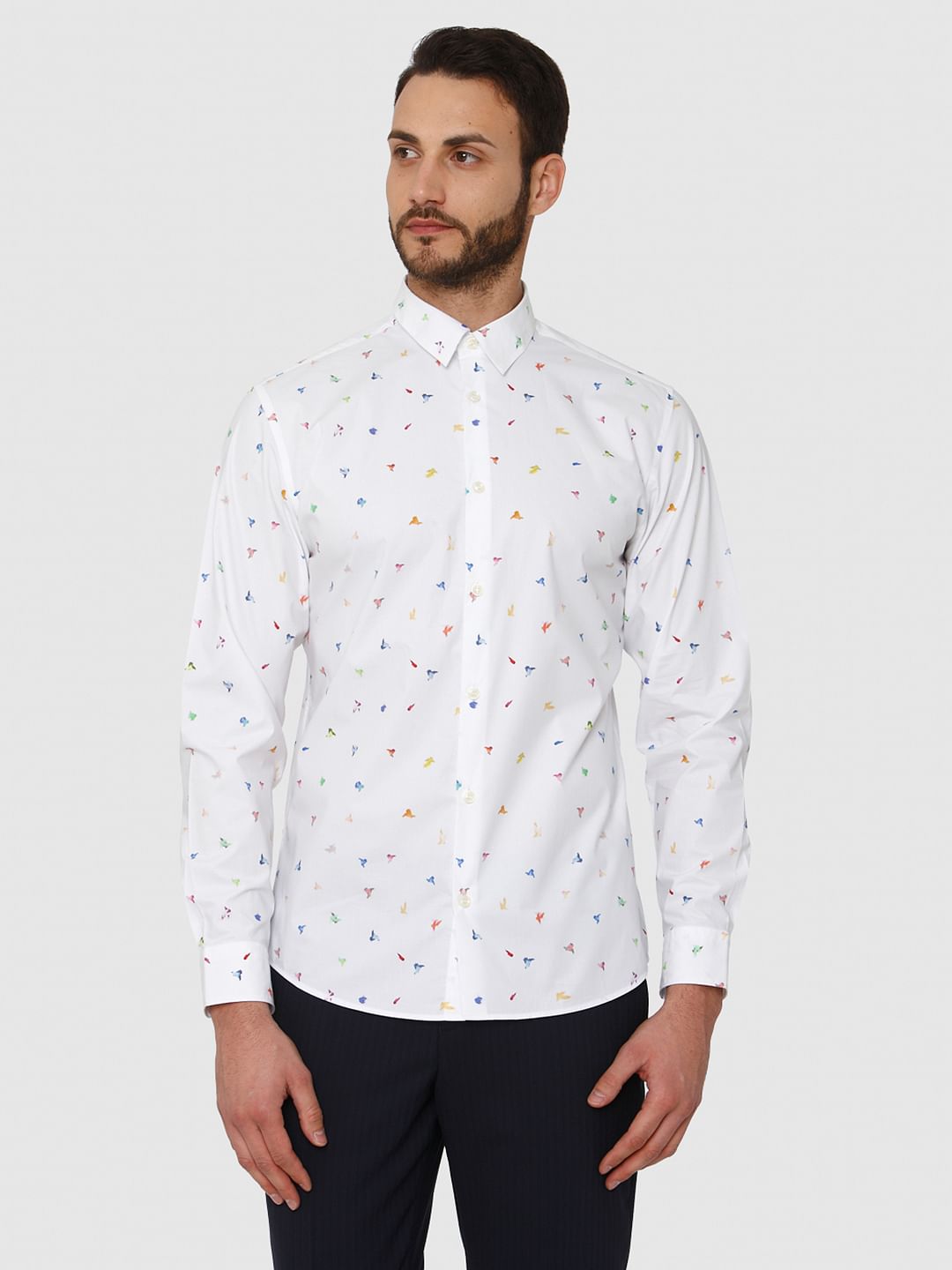 White All Over Print Slim Fit Full Sleeves Shirt