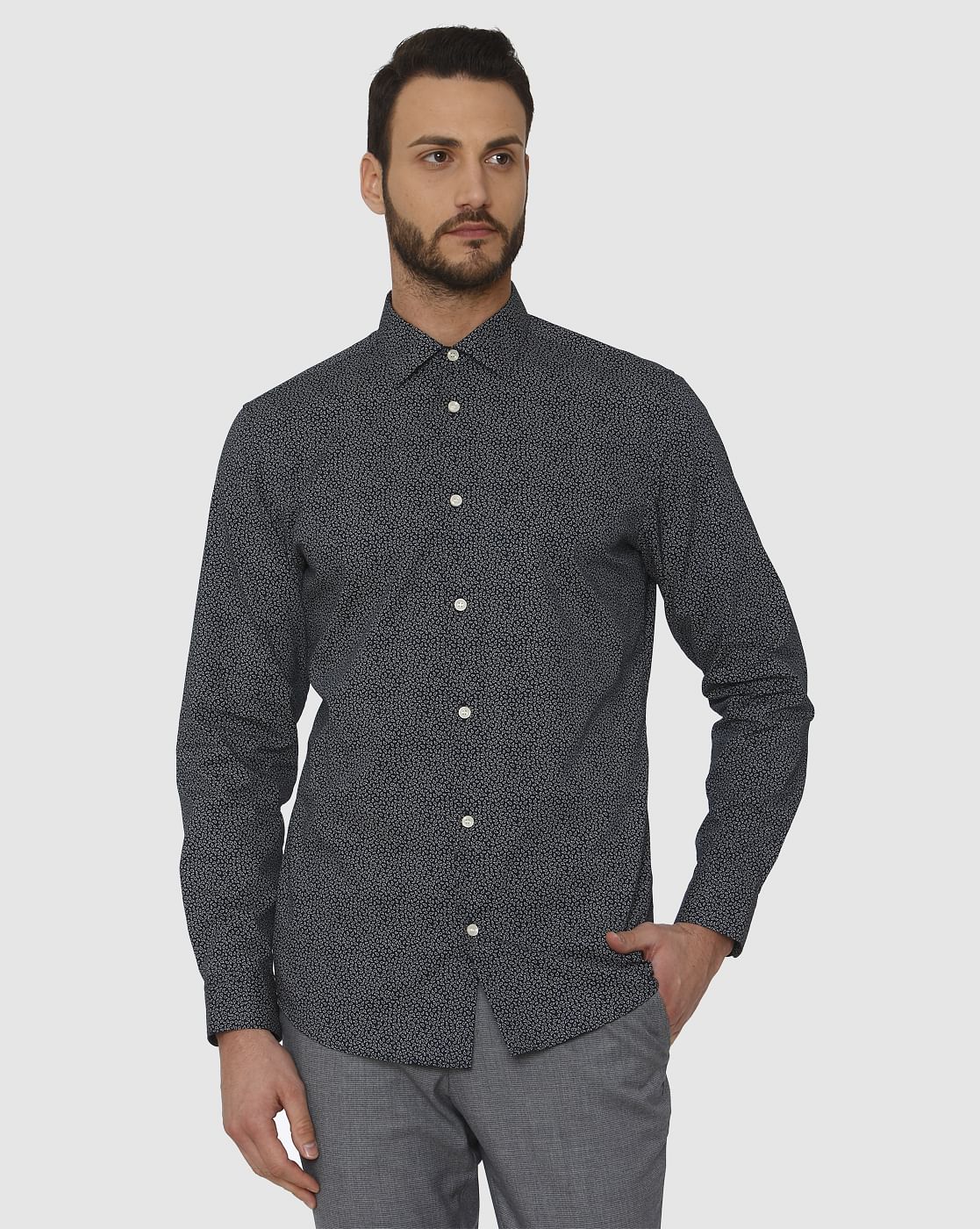 Navy Blue All Over Print Full Sleeves Shirt