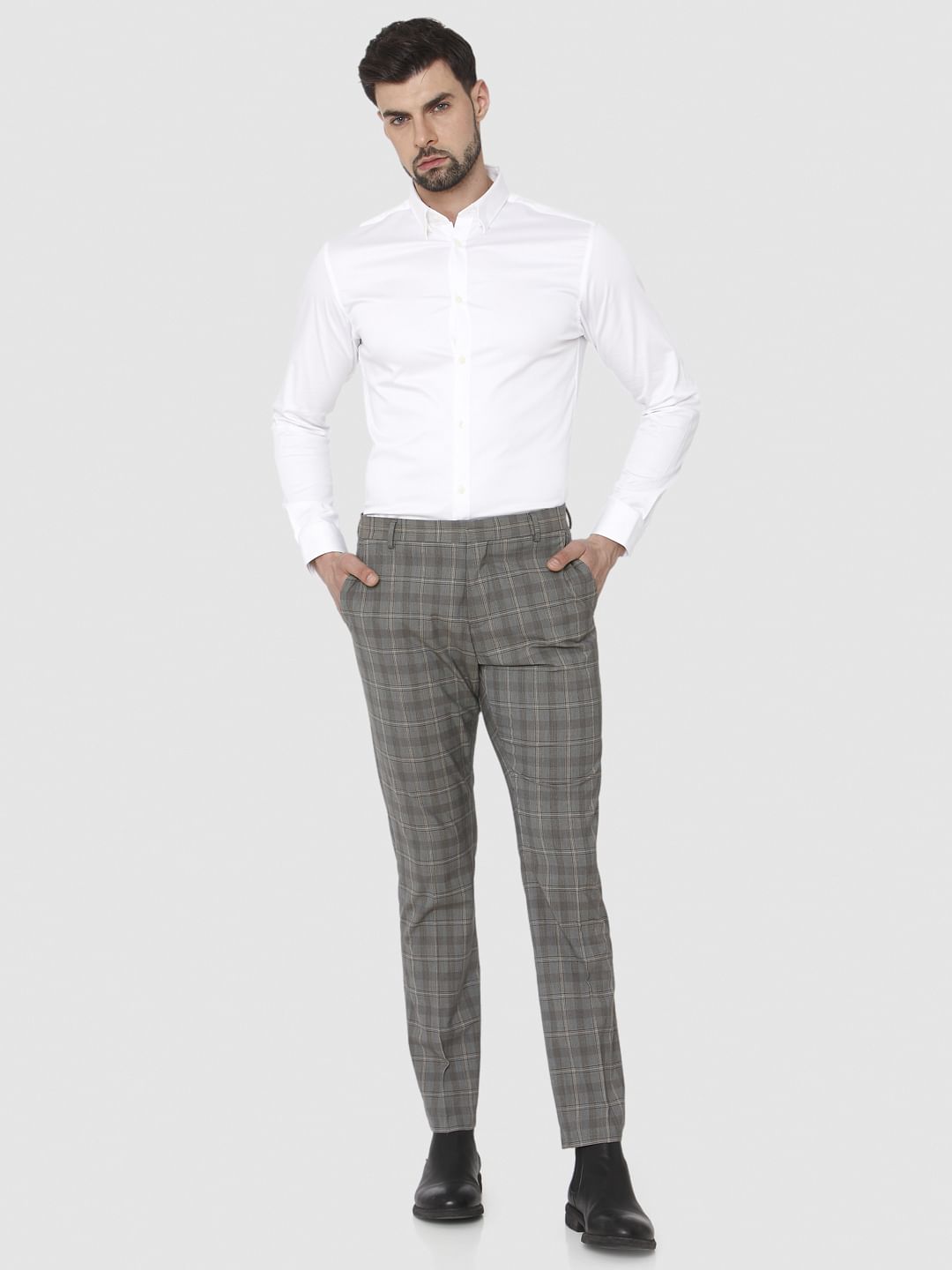 Grey Check Slim Fit Formal Trousers