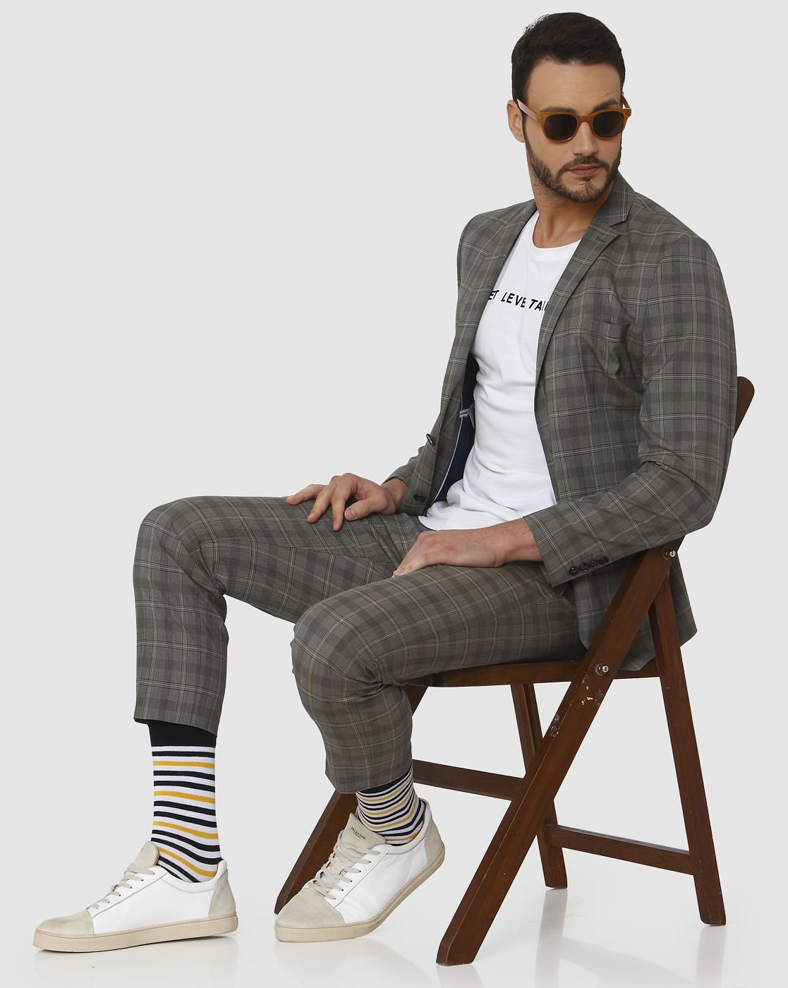 Grey Checks Double Button Slim Fit Blazer