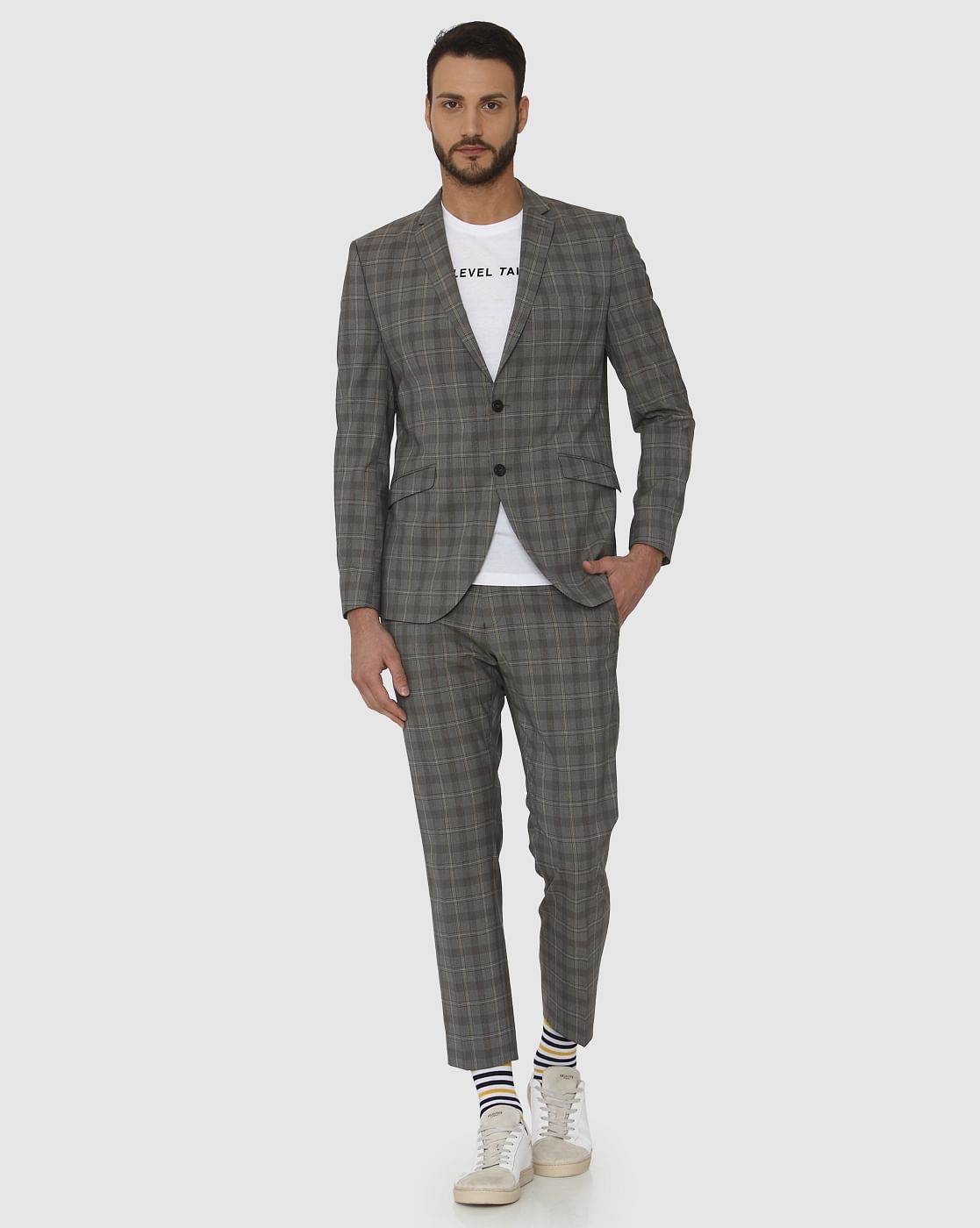 Grey Checks Double Button Slim Fit Blazer