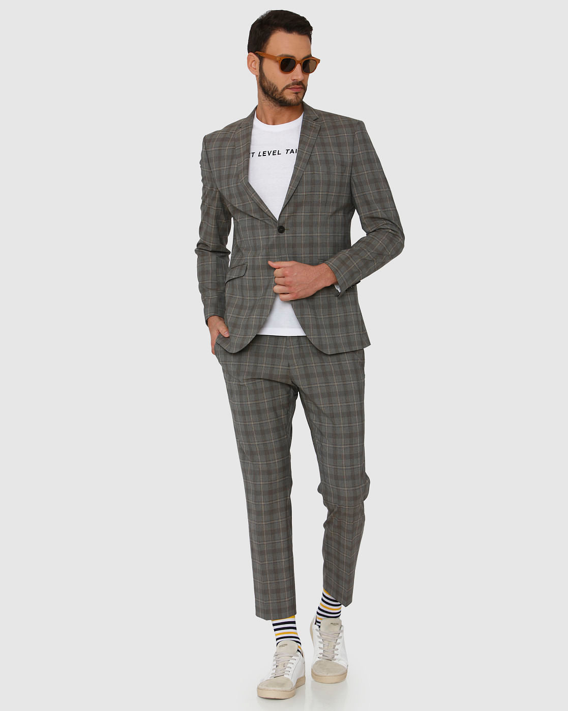 Grey Checks Double Button Slim Fit Blazer