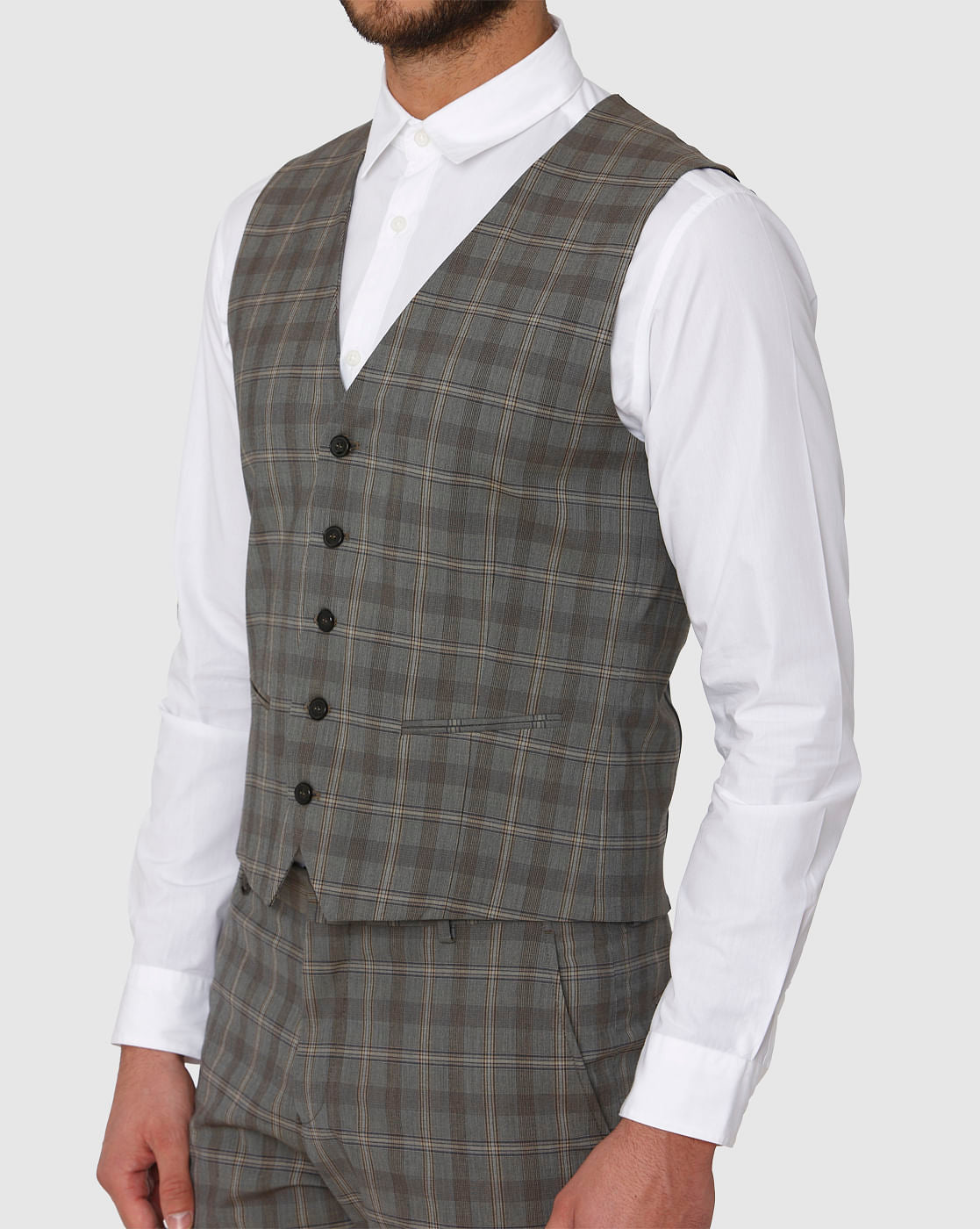 Grey Checks Slim Fit Waistcoat