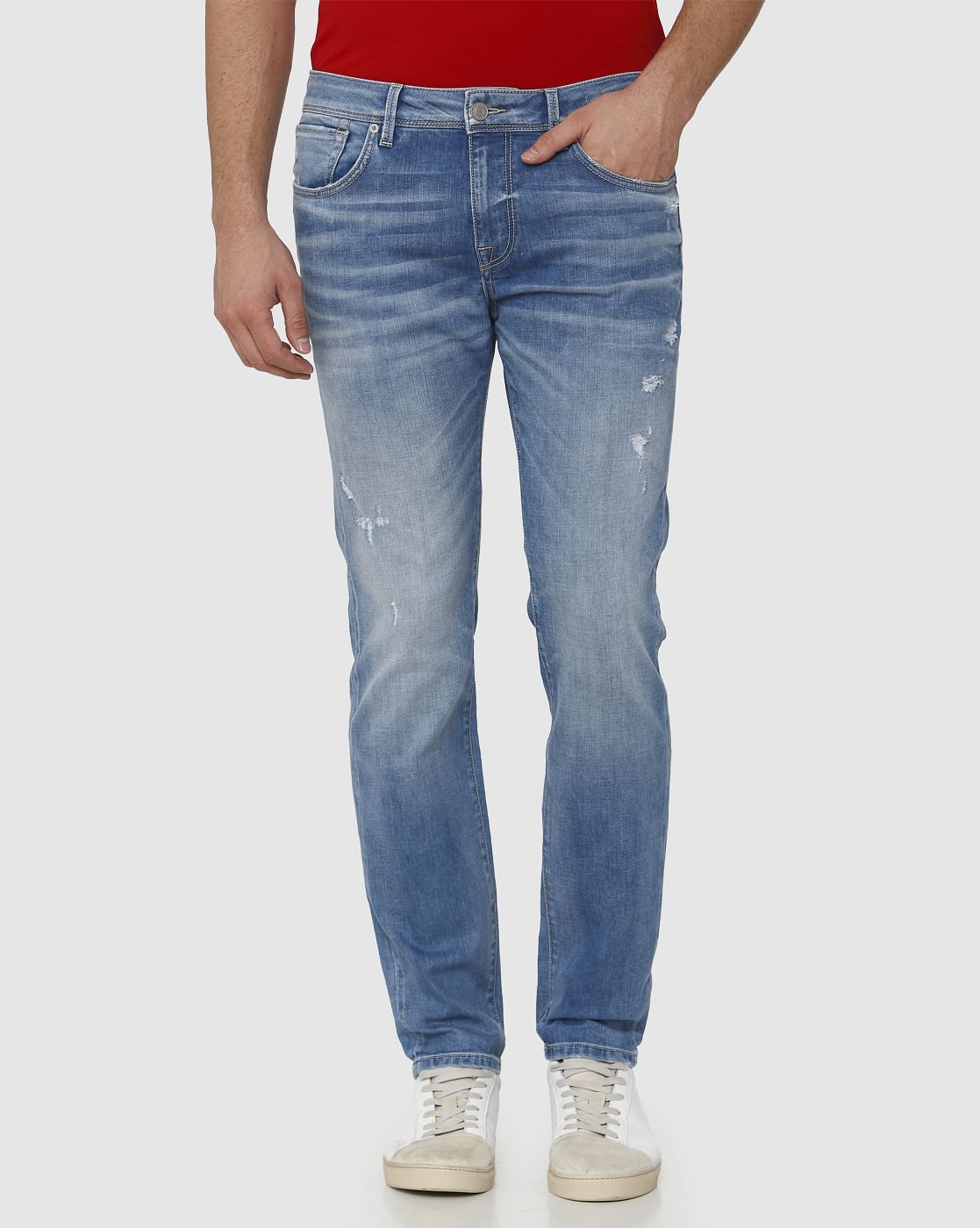 Light Blue Mid Rise Distressed Leon Slim Fit Jeans
