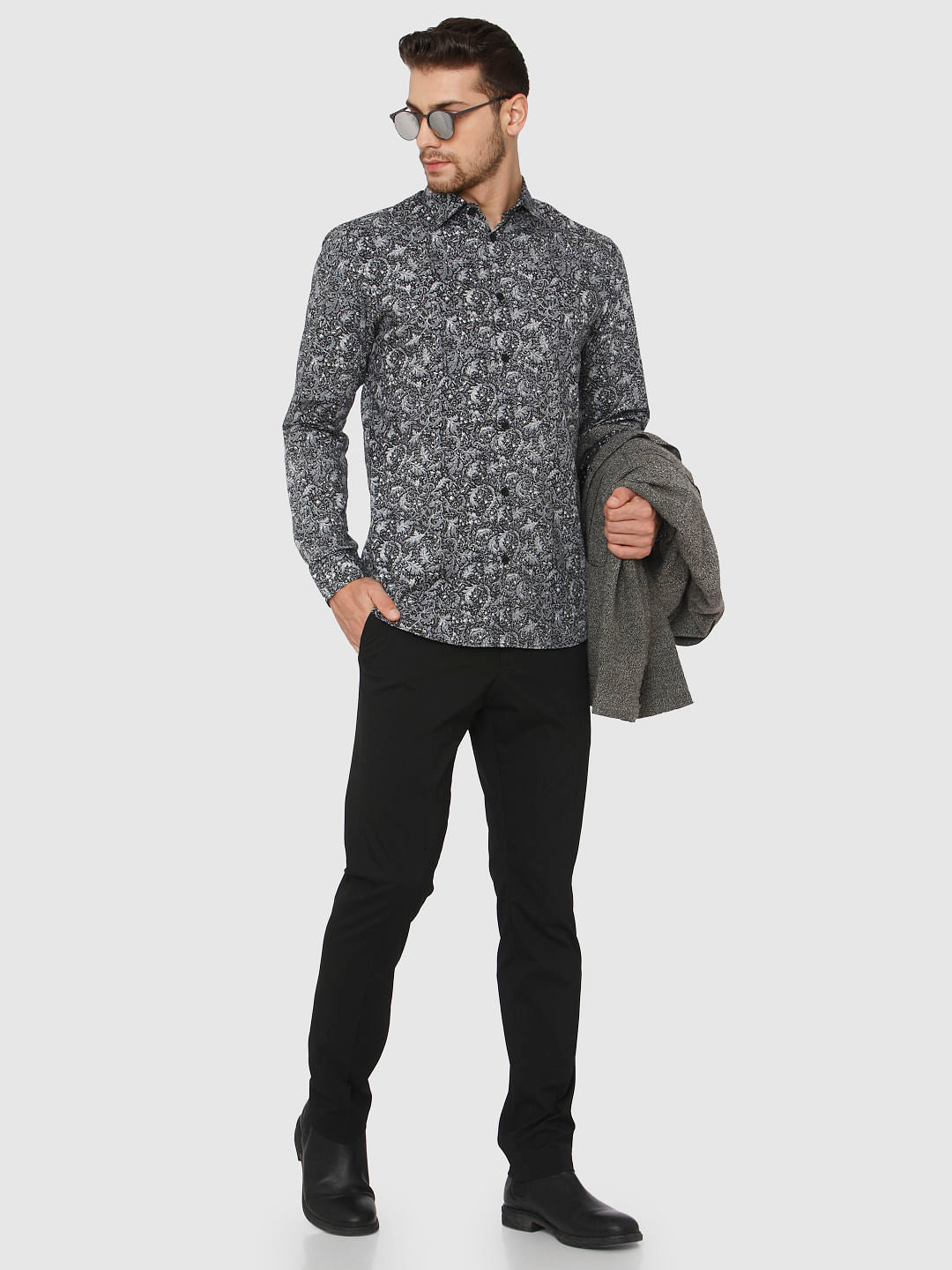 Black Printed Slim Fit Full Sleeves Shirt