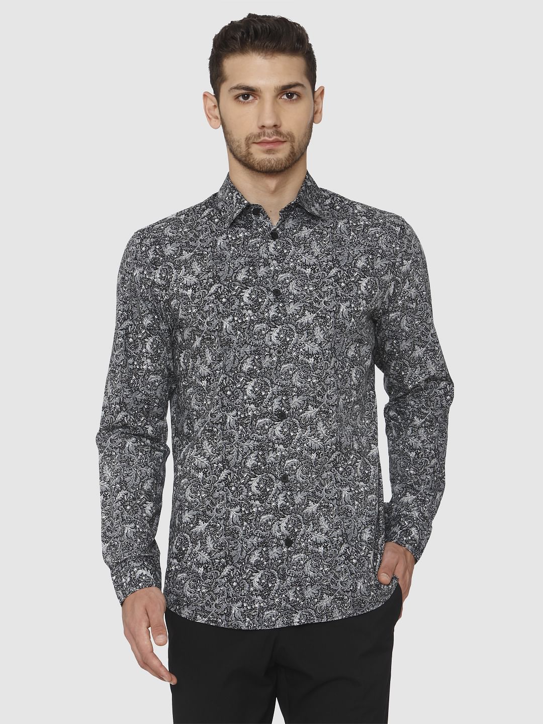 Black Printed Slim Fit Full Sleeves Shirt