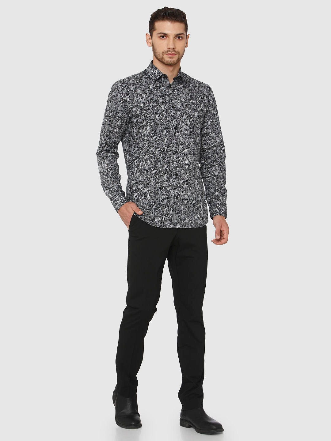Black Printed Slim Fit Full Sleeves Shirt