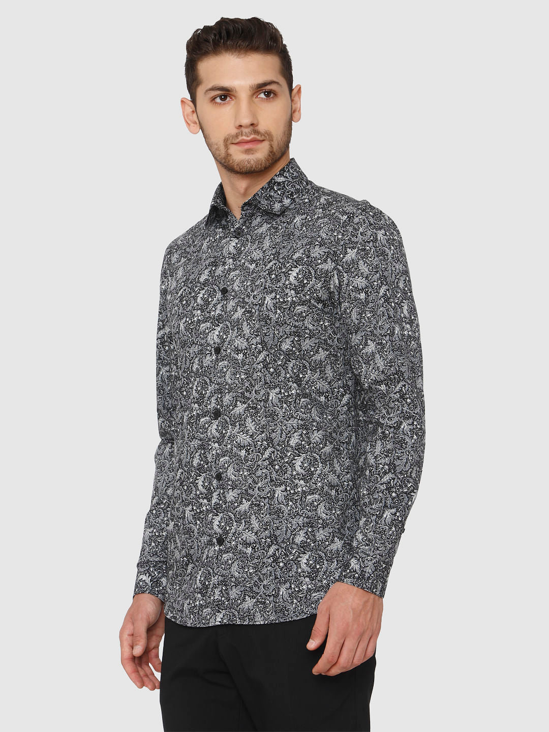 Black Printed Slim Fit Full Sleeves Shirt
