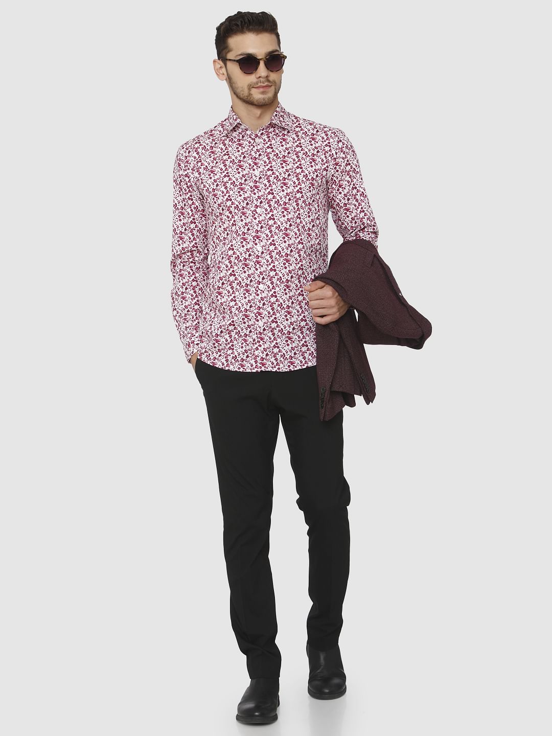 Red Floral Printed Slim Fit Shirt