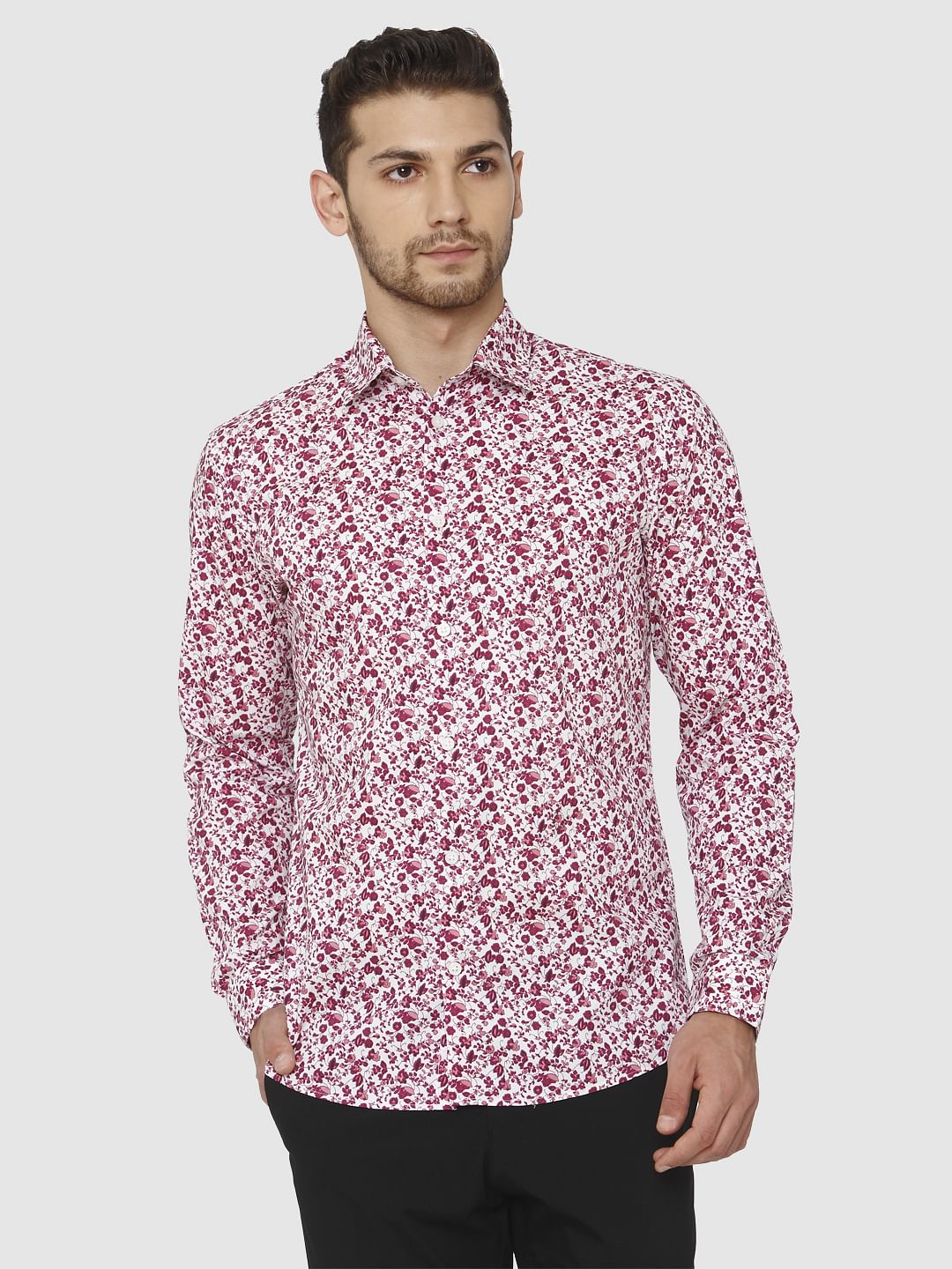 Red Floral Printed Slim Fit Shirt
