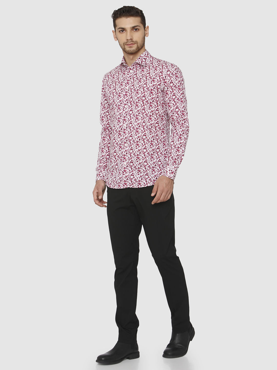 Red Floral Printed Slim Fit Shirt