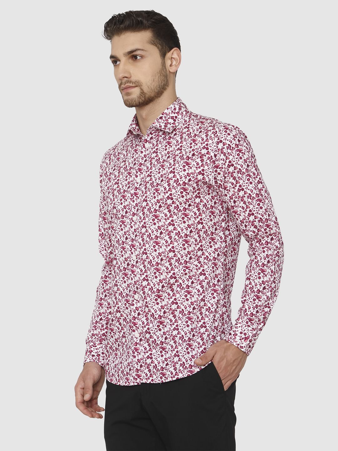 Red Floral Printed Slim Fit Shirt