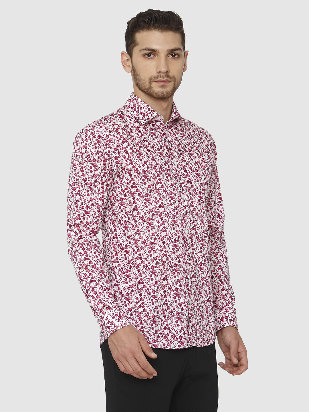 Red Floral Printed Slim Fit Shirt