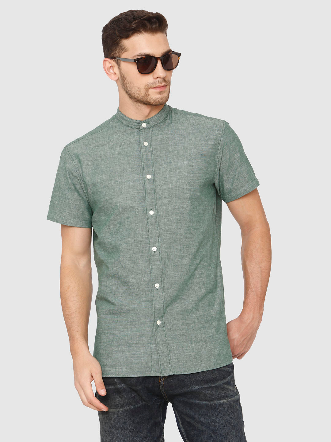 Green Slim Fit Short Sleeves Shirt
