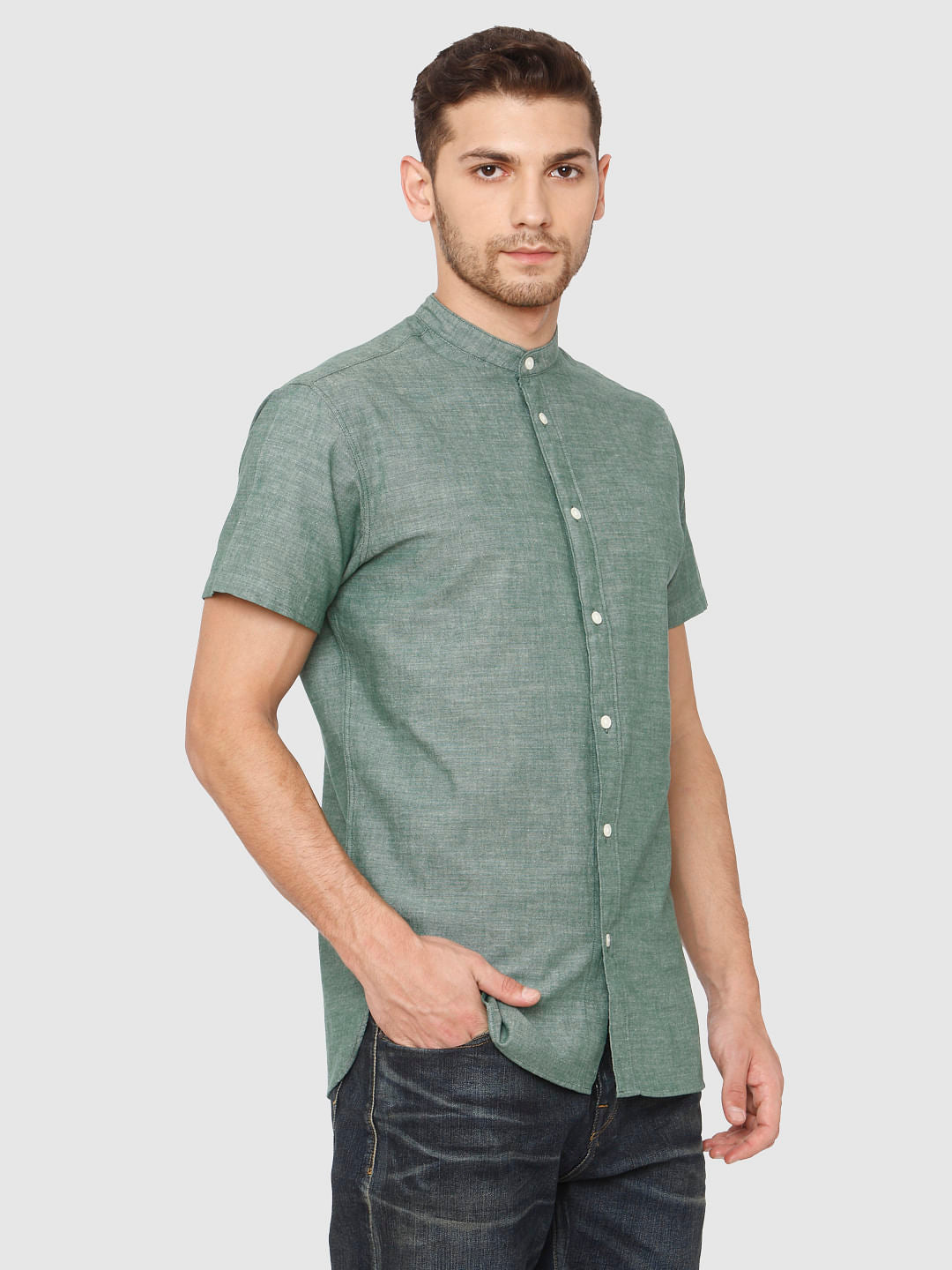 Green Slim Fit Short Sleeves Shirt