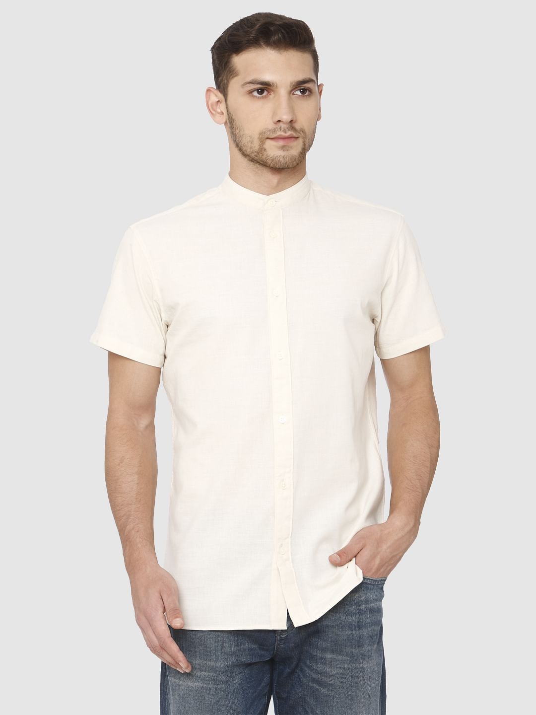 Cream Slim Fit Short Sleeves Shirt
