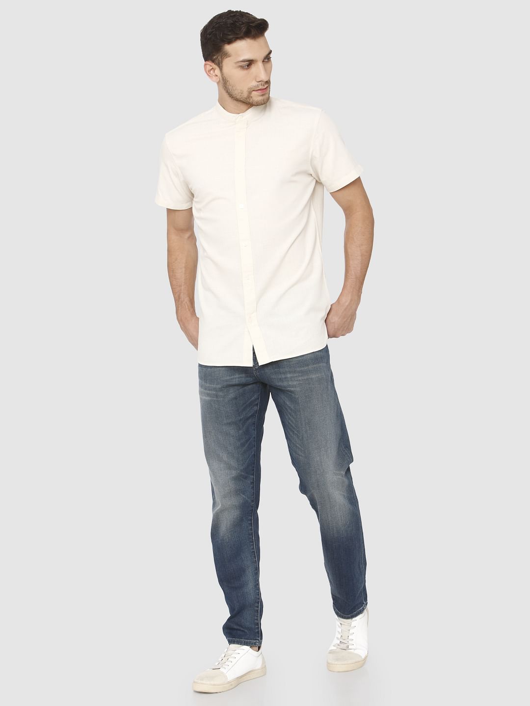 Cream Slim Fit Short Sleeves Shirt