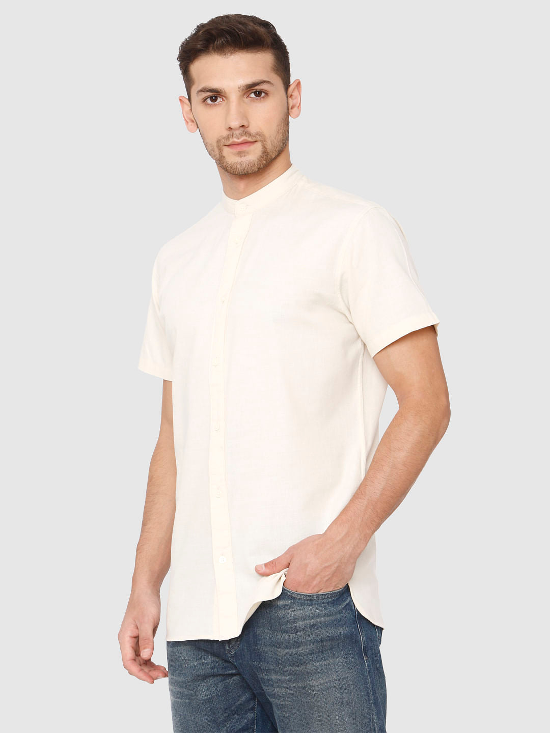Cream Slim Fit Short Sleeves Shirt