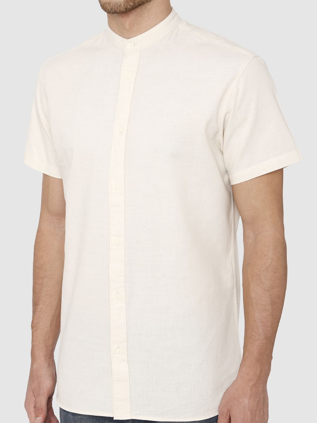 Cream Slim Fit Short Sleeves Shirt