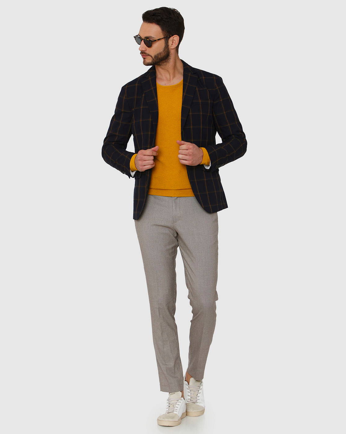 Navy Blue Checks Double Button Slim Fit Blazer