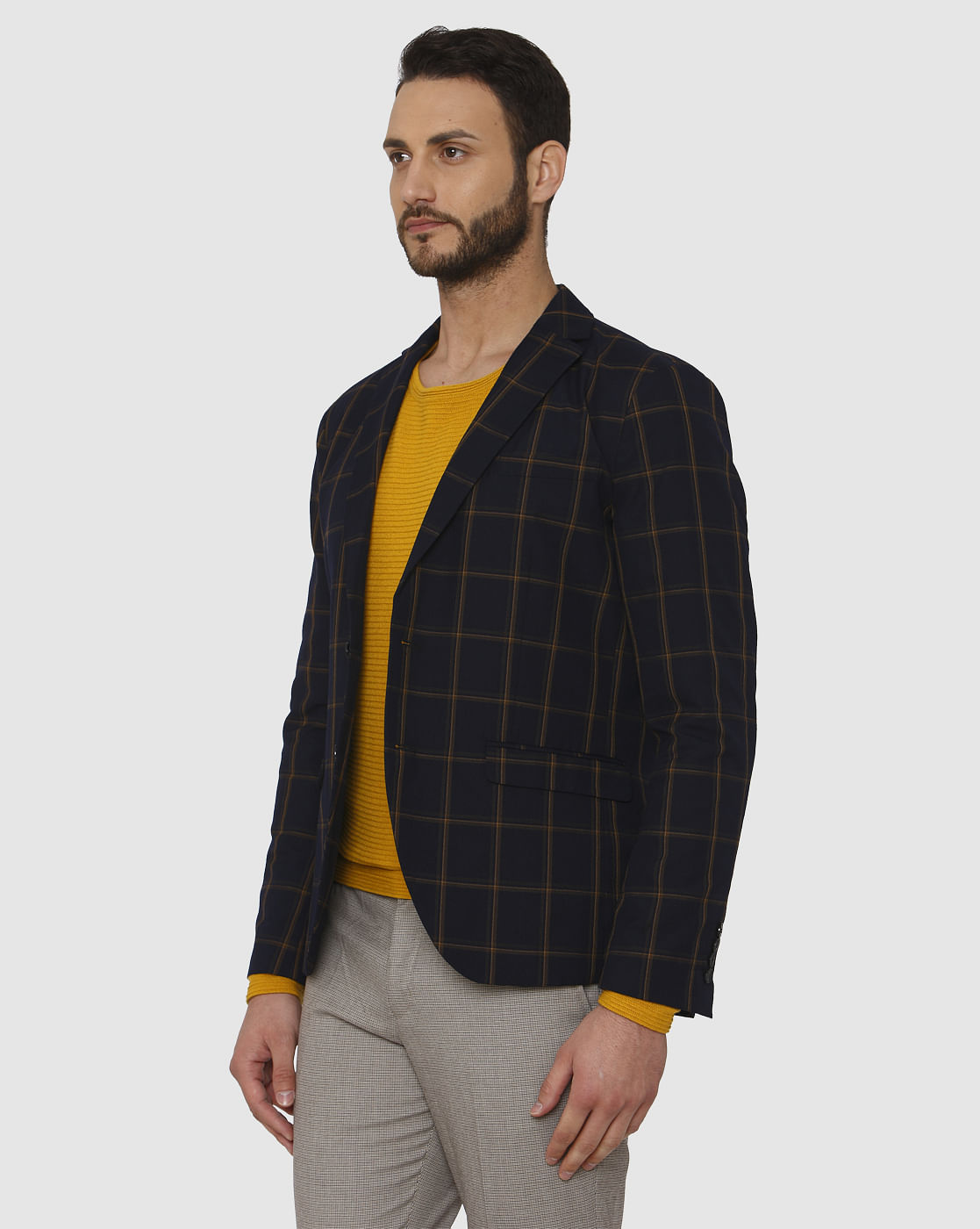 Navy Blue Checks Double Button Slim Fit Blazer