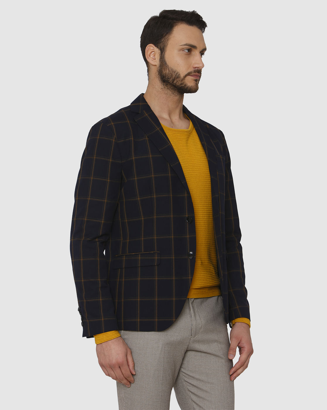 Navy Blue Checks Double Button Slim Fit Blazer