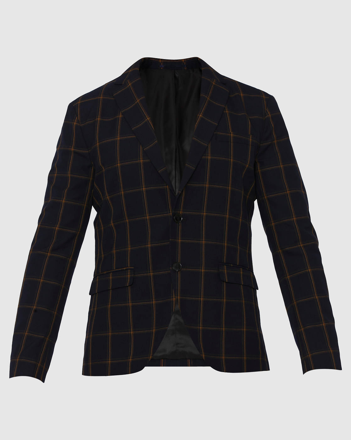 Navy Blue Checks Double Button Slim Fit Blazer