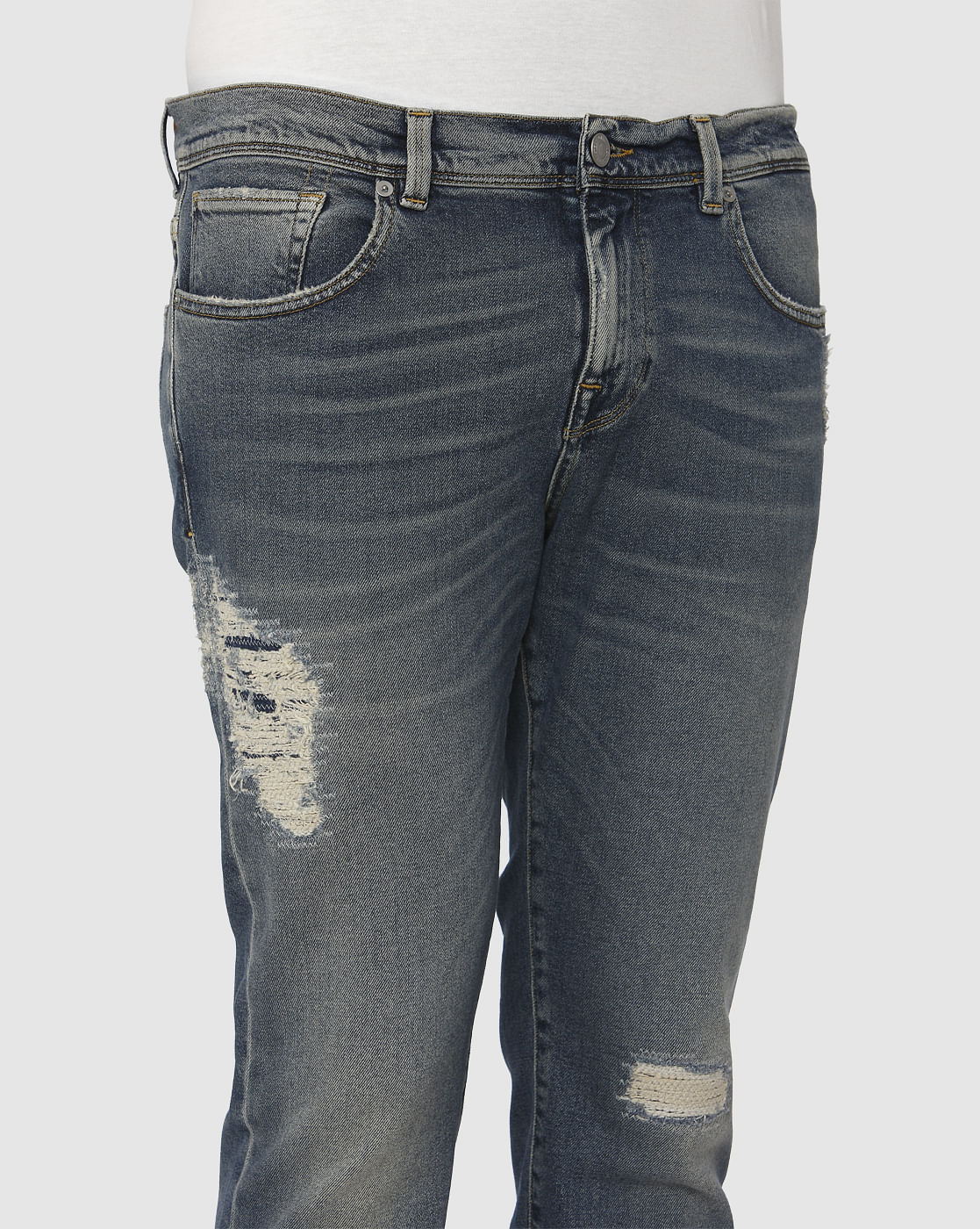 Blue Mid Rise Mildly Distressed Leon Slim Fit Jeans