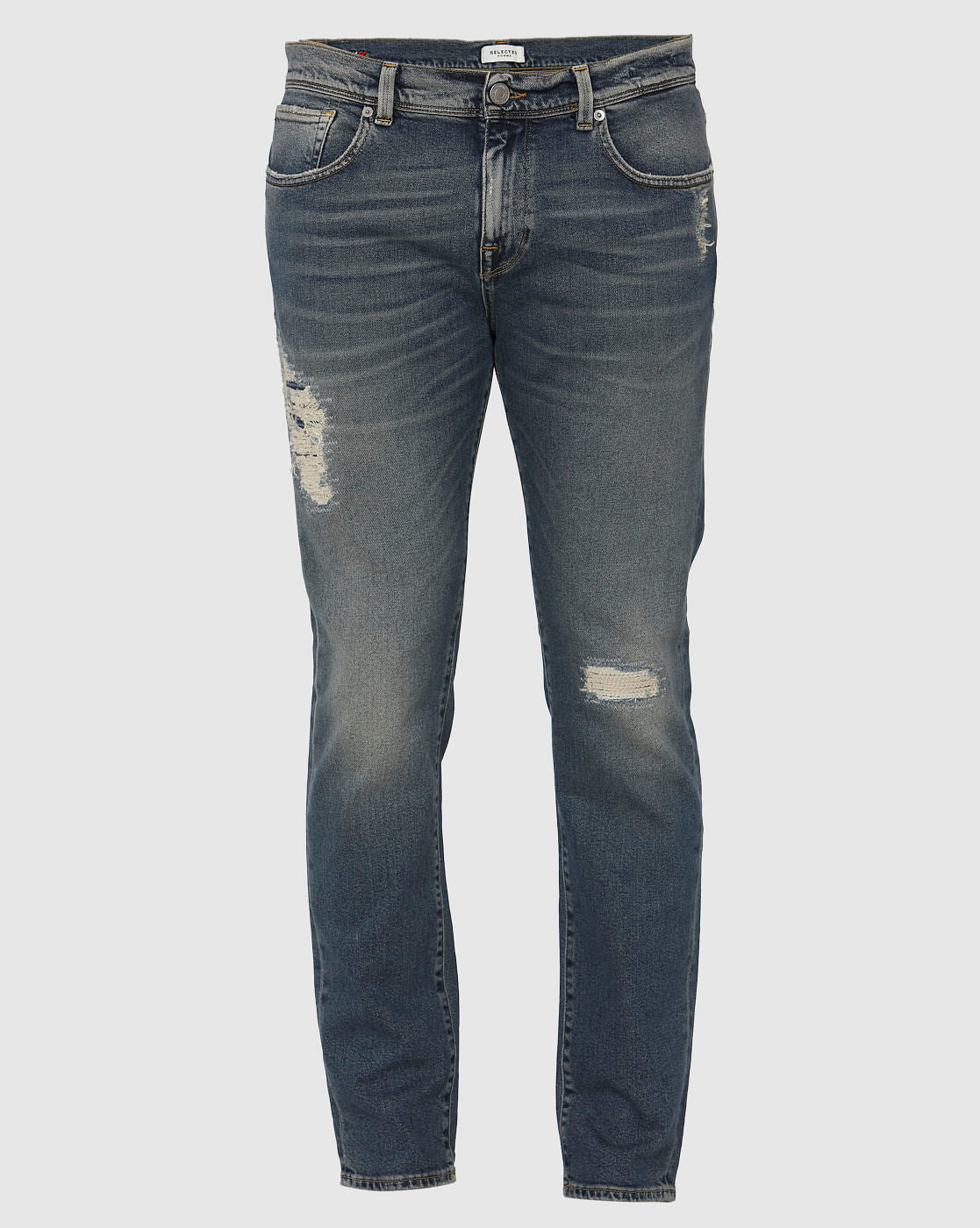 Blue Mid Rise Mildly Distressed Leon Slim Fit Jeans