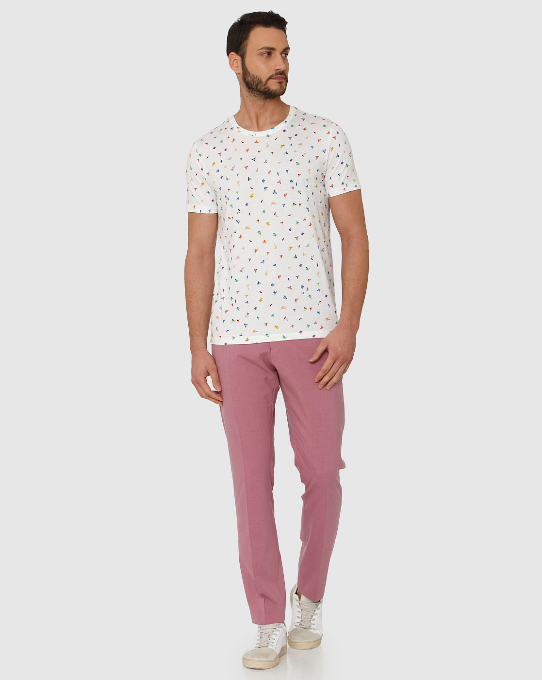 White All Over Bird Graphic Print Crew Neck T-Shirt